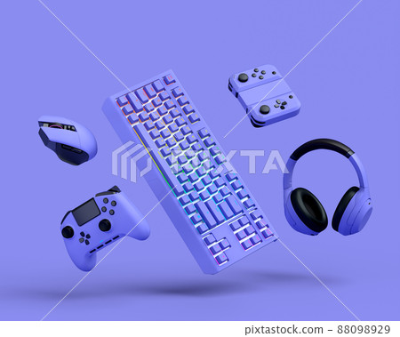 Flying gamer gears like mouse, keyboard, joystick, headset, VR Headset on purple table background. 3d rendering of accessories for live streaming concept top view Flying gamer gears like mouse, keyboard, joystick, headset, VR Headset on purple table background. 3d rendering of accessories for live streaming concept top view 88098929