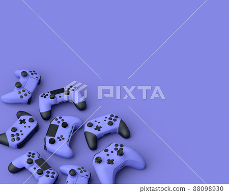 Set of lying gamer joysticks or gamepads on purple background with blur. 3d rendering of accessories for live streaming concept top view 88098930
