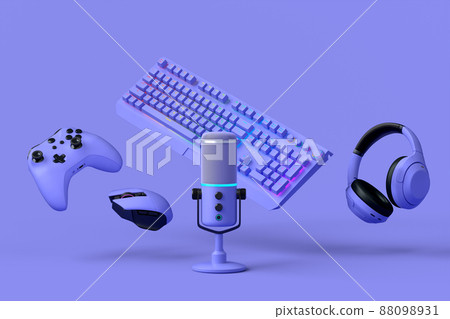 Flying gamer gears like mouse, keyboard, joystick, headset, VR Headset. microphone on purple table background. 3d rendering of accessories for live streaming concept top view Flying gamer gears like mouse, keyboard, joystick, headset, VR Headset. microphone on purple table background. 3d rendering of accessories for live streaming concept top view 88098931