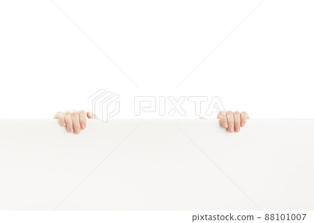 Hands hold white board or poster in isolation on white background. Copy space. Space for your text. Hands hold white board or poster in isolation on white background. Copy space. Space for your text. 88101007