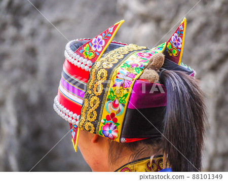 Hat of a single Sani woman living in a World Heritage stone forest in Yunnan, China Hat of a single Sani woman living in a World Heritage stone forest in Yunnan, China 88101349