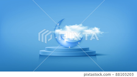 Luxury Islamic Podium with crescent moon traditional islamic symbols. 3D Horizontal Arabic Banner for product showcase, Product presentation, cosmetic, base, ramadan sales, light blue background 88103203