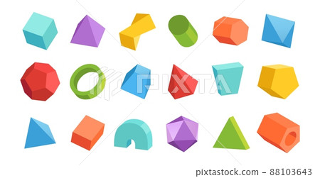 Cartoon geometric figures. 3D abstract shapes. Cylinder and pyramid. Minimal parallelepiped. Triangular and hexagonal prisms. Math and geometry. Vector colorful polygonal forms set Cartoon geometric figures. 3D abstract shapes. Cylinder and pyramid. Minimal parallelepiped. Triangular and hexagonal prisms. Math and geometry. Vector colorful polygonal forms set 88103643
