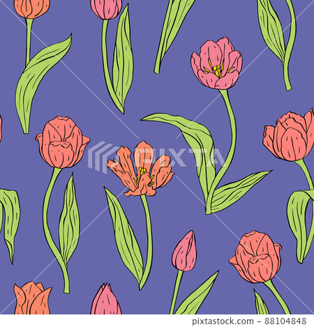 Vintage seamless pattern with pink tulips flowers and leaves on blue 88104848
