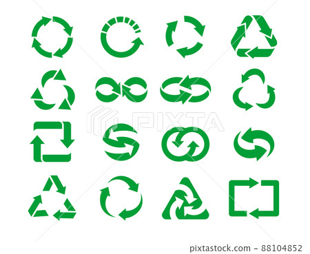 Recycle green icons. Reusable products, zero waste green bio energy symbols with circle arrows isolated ecological symbols nature 88104852