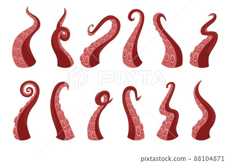 Cartoon tentacle. Octopus and squid underwater animal parts, monster Kraken arm. Vector isolated set illustration wild monster seafood 88104871