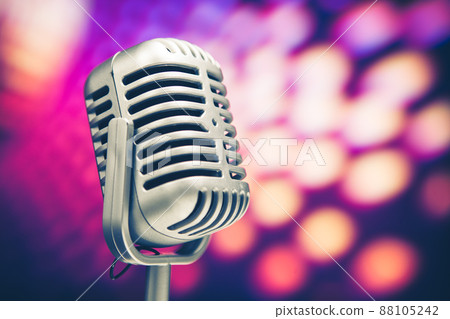 retro microphone on purple disco background retro microphone on purple disco background 88105242