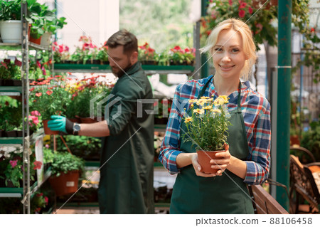 Gardeners working with flowers in garden center Gardeners working with flowers in garden center 88106458