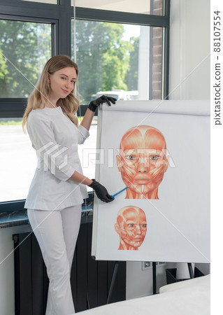 Cosmetologist showing picture of human face in a medical clinic 88107554