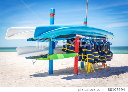 Life jackets and boats on St.Pete beach in Florida, USA. 88107694