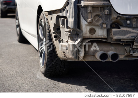 damaged car after an accident. Vehicle with removed rear bumper damaged car after an accident. Vehicle with removed rear bumper 88107697