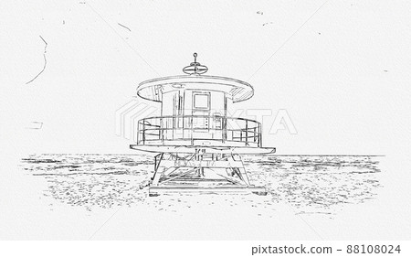 Pensil sketch painting illustration of Lifeguard tower in South Beach in Fort Lauderdale Florida, USA 88108024