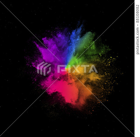 Colorful rainbow holi paint powder explosion isolated on black background Colorful rainbow holi paint powder explosion isolated on black background 88108082