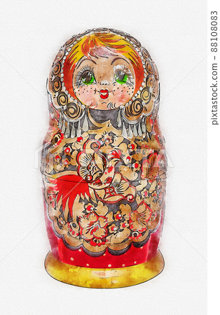 Digital watercolor painting of traditional russian wooden doll matreshka Digital watercolor painting of traditional russian wooden doll matreshka 88108083