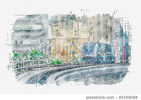 Watercolor painting illustration of Metro mover train on the station in Downtown Miami. Metro mover is a free automatic transport system in Miami 88108098