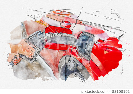Watercolor painting illustration of Woman with fuel pistol and red car 88108101