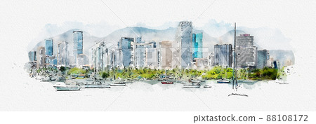 Watercolor painting illustration of Miami skyline with yachts, boats and skyscrapers Watercolor painting illustration of Miami skyline with yachts, boats and skyscrapers 88108172