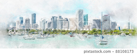 Digital watercolor painting of Miami skyline with yachts, boats and skyscrapers Digital watercolor painting of Miami skyline with yachts, boats and skyscrapers 88108173