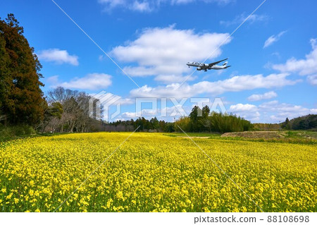Airplane flying over rape field Narita Airport Airplane flying over rape field Narita Airport 88108698