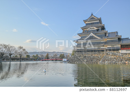 長野縣松本市在晴朗的天氣裡看著松本城和漂浮在水面上的天鵝 88112697