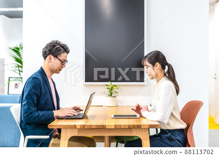 Businessmen and businesswomen having meetings in the free address office Businessmen and businesswomen having meetings in the free address office 88113702