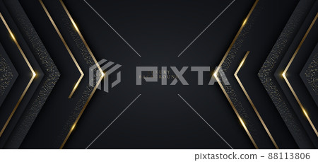 Modern luxury banner template design black triangles and golden glitter 3D gold stripes line light sparking on dark background 88113806