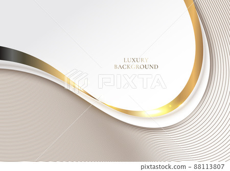 Abstract elegant white and brown wave shape with 3D golden curved ribbon lines rounded and light sparking on clean background luxury style 88113807