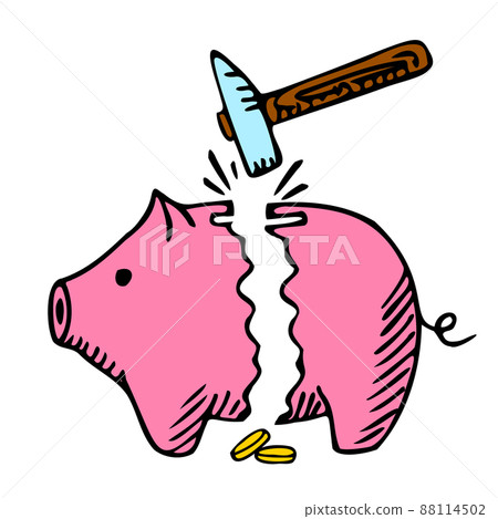 Broken Piggy bank isolated on white background. Box for safe savings break from hammer. 88114502
