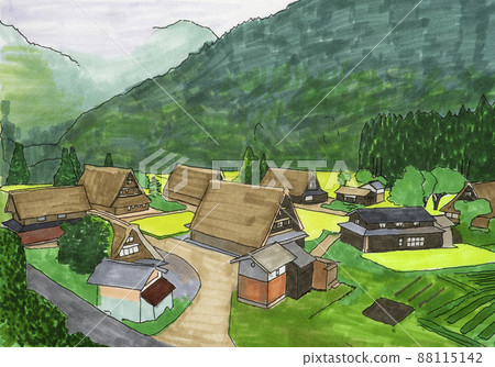 Illustration of Suganuma Gassho-zukuri village seen from Suganuma Observatory in Toyama Prefecture 88115142