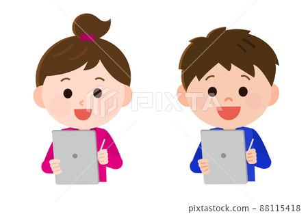 Edtech: Illustration of a boy and girl using a tablet device Edtech: Illustration of a boy and girl using a tablet device 88115418