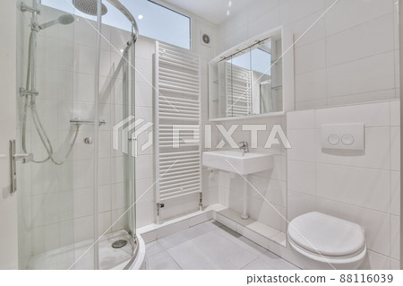 interior of a modern total white bathroom. modern style with every comfort 88116039