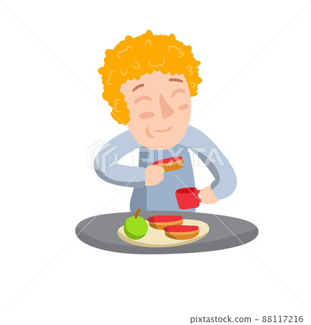 Boy eat Breakfast with sandwiches, 88117216