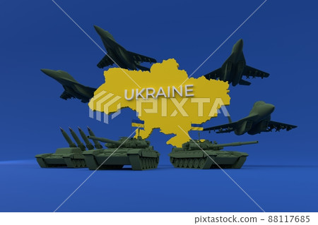 Stylized 3D map of Ukraine with tanks, rocket launcher and jet fighter standing on defense Stylized 3D map of Ukraine with tanks, rocket launcher and jet fighter standing on defense 88117685