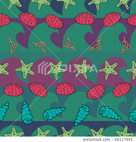 Cute ocean elements, seamless pattern on wave background 88117845