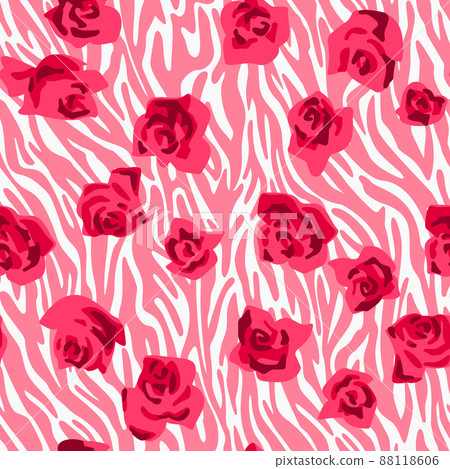 Seamless pattern made of roses buds with zebra stripes skin background. Cut out paper collage style. Mixed print. Summer botanical background. Nature motif for textile and fabric texture. 88118606