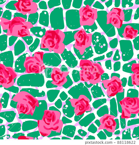 Seamless pattern made of roses buds with oval geometric shapes on background. Cut out paper style. Floral collage. Summer botanical background. Nature motif for textile and fabric texture. Seamless pattern made of roses buds with oval geometric shapes on background. Cut out paper style. Floral collage. Summer botanical background. Nature motif for textile and fabric texture. 88118622