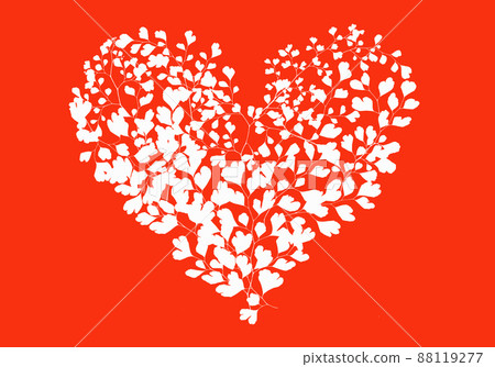 White heart, Asian maidenhair fern leaves on a bright red background White heart, Asian maidenhair fern leaves on a bright red background 88119277