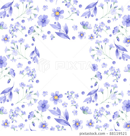 Background with watercolor very peri flowers. Hand drawn illustration of blooming plants. Botanical backdrop for greeting card design and packaging. 88119521