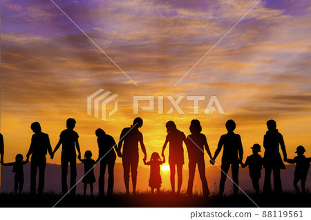 Silhouette of people holding hands with the Asahi Silhouette of people holding hands with the Asahi 88119561