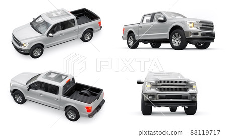 A large modern pickup truck with a double cab, glowing headlights on a white uniform background. 3d rendering. A large modern pickup truck with a double cab, glowing headlights on a white uniform background. 3d rendering. 88119717