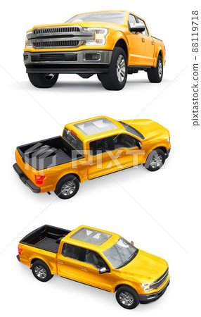 A large modern pickup truck with a double cab, glowing headlights on a white uniform background. 3d rendering. A large modern pickup truck with a double cab, glowing headlights on a white uniform background. 3d rendering. 88119718