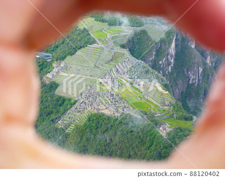 Looking down on Machu Picchu from Huayna Picchu mountain using binoculars Looking down on Machu Picchu from Huayna Picchu mountain using binoculars 88120402