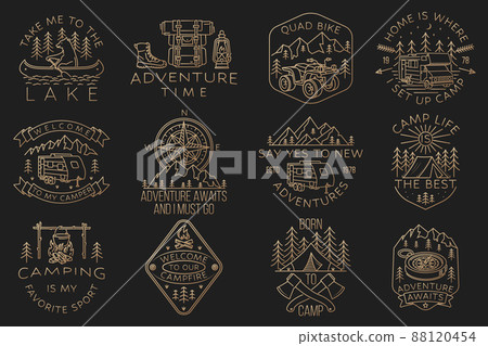Set of camping badges, patches. Vector illustration. Concept for shirt or logo, print, stamp or tee. Vintage line art design with bear in canoe, lake and forest. 88120454