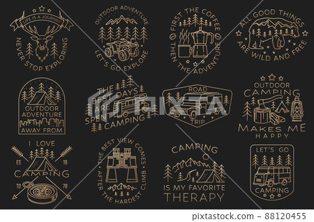 Set of camping badges, patches. Vector illustration. Concept for shirt or logo, print, stamp or tee. Vintage line art design with RV Motorhome, binoculars and forest. 88120455
