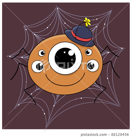 Cute cartoon spider gentleman in a hat with a flower. A spider weaves a web. Cute brown spider birds with big eyes for your Halloween design. Arthropod tarantula. A hand-drawn smiling character. Vecto 88120456