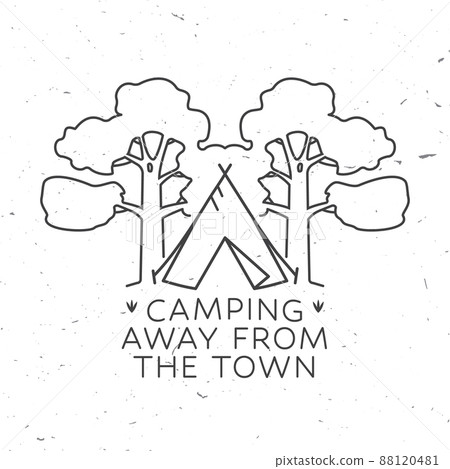 Camping line art badge. Away from the town. Vector. For patch, stamp. Concept for shirt or logo, print, stamp or tee. Design with Camper tent and forest. Camping line art badge. Away from the town. Vector. For patch, stamp. Concept for shirt or logo, print, stamp or tee. Design with Camper tent and forest. 88120481