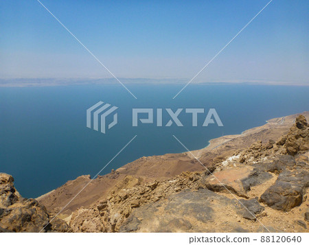 The Dead Sea of a salt lake on the border with Israel seen from the Jordanian side The Dead Sea of a salt lake on the border with Israel seen from the Jordanian side 88120640