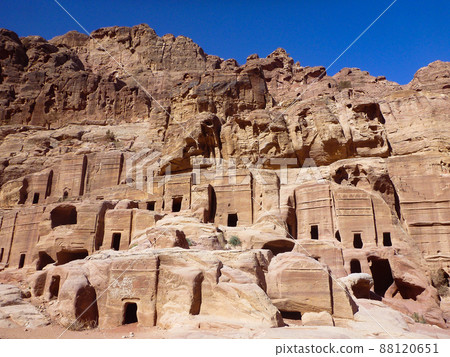 Necropolis civil cemetery and clear blue sky at Petra ruins, Jordan Necropolis civil cemetery and clear blue sky at Petra ruins, Jordan 88120651