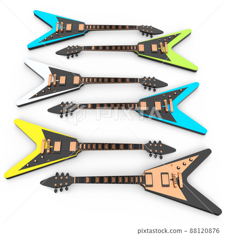 Set of electric acoustic guitar isolated on white background. 3d render of concept for rock festival poster with heavy metal guitar for music shop Set of electric acoustic guitar isolated on white background. 3d render of concept for rock festival poster with heavy metal guitar for music shop 88120876