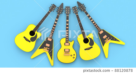 Set of electric acoustic guitar isolated on blue background. 3d render of concept for rock festival poster with heavy metal guitar for music shop 88120878